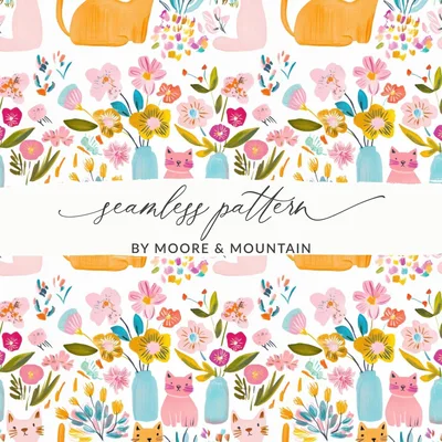 Cat Flower Digital Paper, Seamless Pattern, Floral Cat Fabric Design, Cute Cats, Digital Background, Scrapbooking Paper, JPEG Files