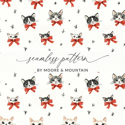 Cat Seamless Pattern Digital, Cute Kitten with Red Bows, Repeat Pattern, Digital Paper Download for Fabric, Scrapbooking 12x12 JPEG