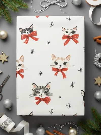 Cat Seamless Pattern Digital, Cute Kitten with Red Bows, Repeat Pattern, Digital Paper Download for Fabric, Scrapbooking 12x12 JPEG
