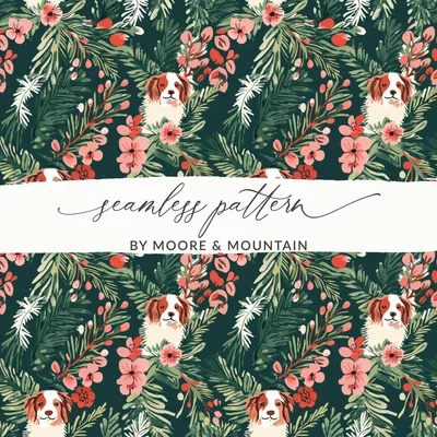 Cavalier Dog Digital Paper, Floral Seamless Pattern, Christmas Design, Pet Fabric Design, Dog Lover Gift, Repeating Pattern, 12x12 JPEG