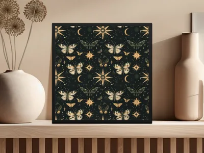 Celestial Flight Moon Stars Butterflies Digital Art, Mystical Night Sky Pattern, Printable Wall Decor