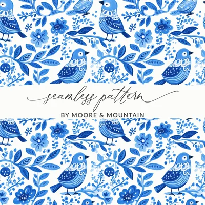 Charming Blue Birds Pattern with Floral Elements Digital