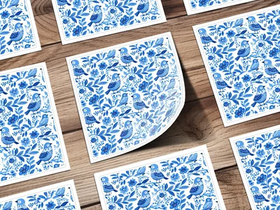 Charming Blue Birds Pattern with Floral Elements Digital
