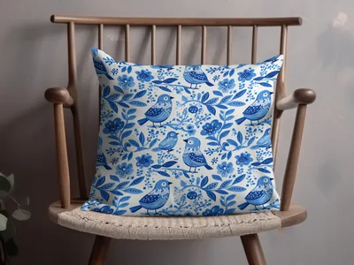 Charming Blue Birds Pattern with Floral Elements Digital