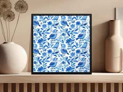 Charming Blue Birds Pattern with Floral Elements Digital