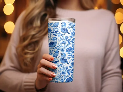 Charming Blue Birds Pattern with Floral Elements Digital