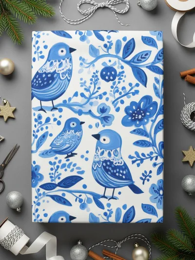 Charming Blue Birds Pattern with Floral Elements Digital