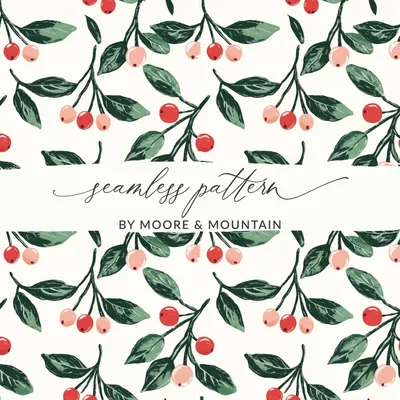 Cherry Digital Paper, Fruit Digital Pattern, Seamless Pattern Design, Scrapbook Paper, Berry Pattern, Christmas Digital, Botanical Print