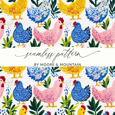 Chicken Digital Paper, Colorful Farmhouse Digital Pattern, Bird Seamless Pattern, Poultry Wallpaper, Hen Background, Repeatable Chicken File