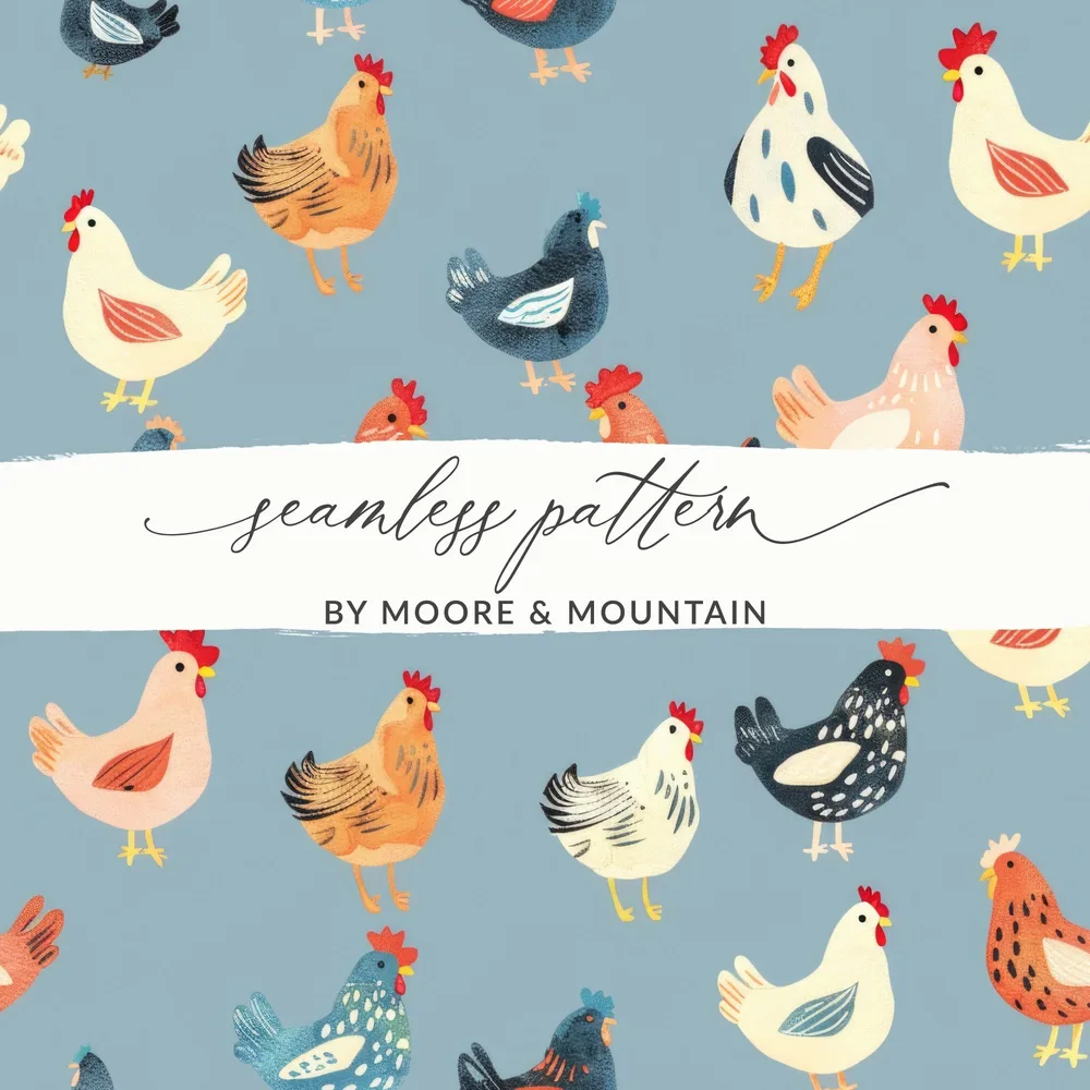 Chicken Digital Paper, Farm Animal Pattern, Light Blue Background, Red, Orange, Black, White, Cute Hen Fabric, Spring Digital