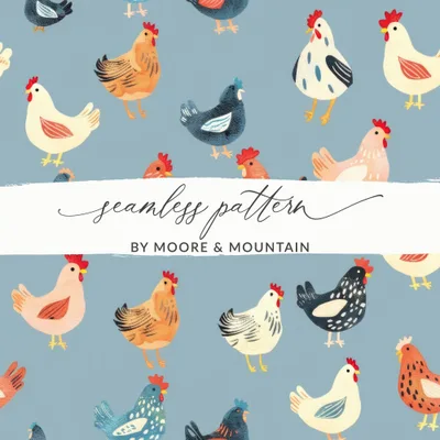Chicken Digital Paper, Farm Animal Pattern, Light Blue Background, Red, Orange, Black, White, Cute Hen Fabric, Spring Digital