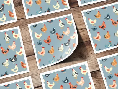 Chicken Digital Paper, Farm Animal Pattern, Light Blue Background, Red, Orange, Black, White, Cute Hen Fabric, Spring Digital