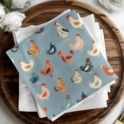 Chicken Digital Paper, Farm Animal Pattern, Light Blue Background, Red, Orange, Black, White, Cute Hen Fabric, Spring Digital
