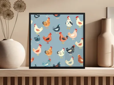Chicken Digital Paper, Farm Animal Pattern, Light Blue Background, Red, Orange, Black, White, Cute Hen Fabric, Spring Digital