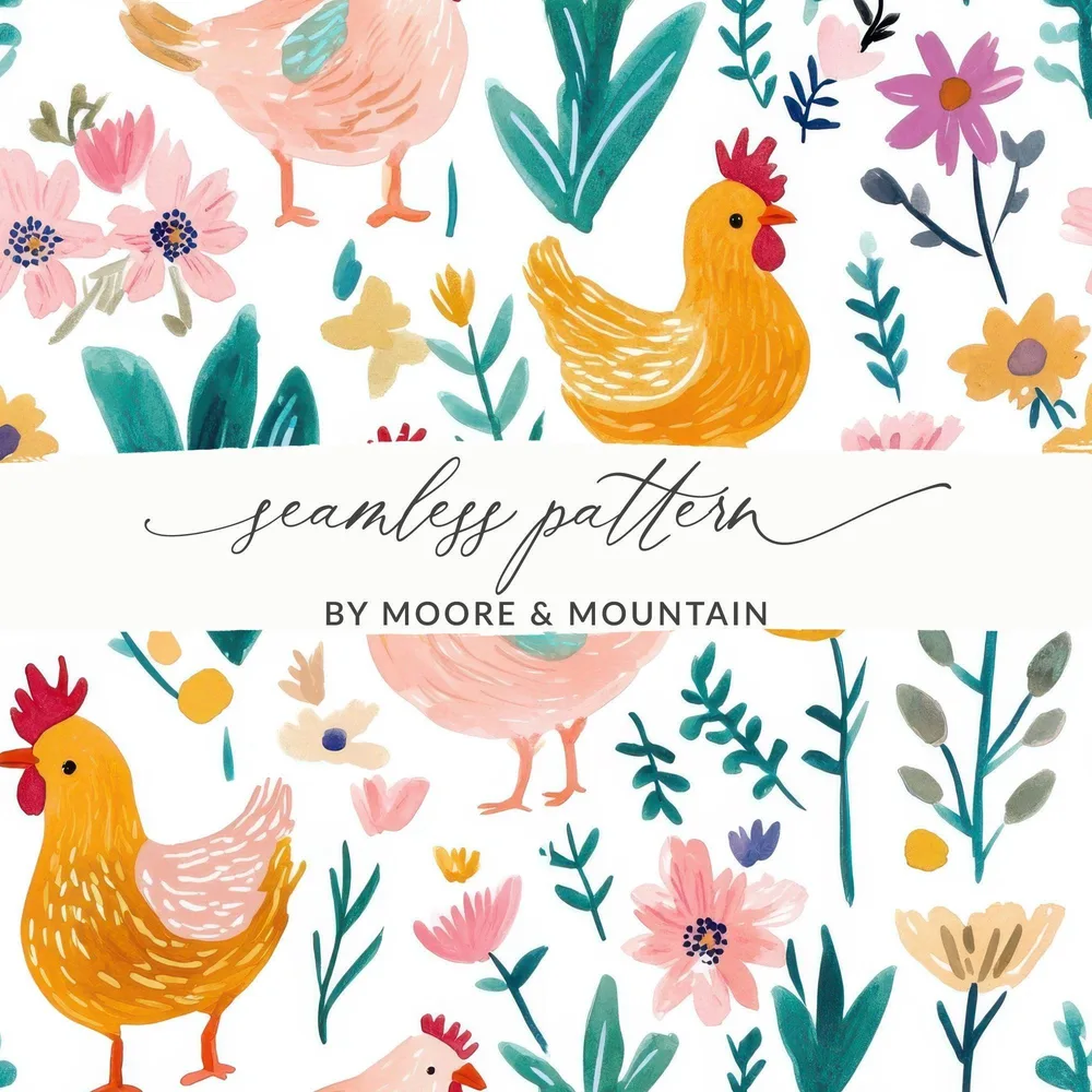 Chicken Floral Digital Paper, Seamless Pattern, Spring Flowers Design, Fabric Design, Scrapbook Paper, Digital Download, Two Scales