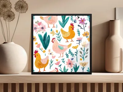 Chicken Floral Digital Paper, Seamless Pattern, Spring Flowers Design, Fabric Design, Scrapbook Paper, Digital Download, Two Scales