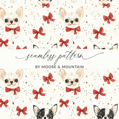 Chihuahua Digital Paper, Red Bow, Cute Puppy Pattern, Seamless Design, Dog Lover Print, Pet Portrait Scrapbook Paper, Beige Background