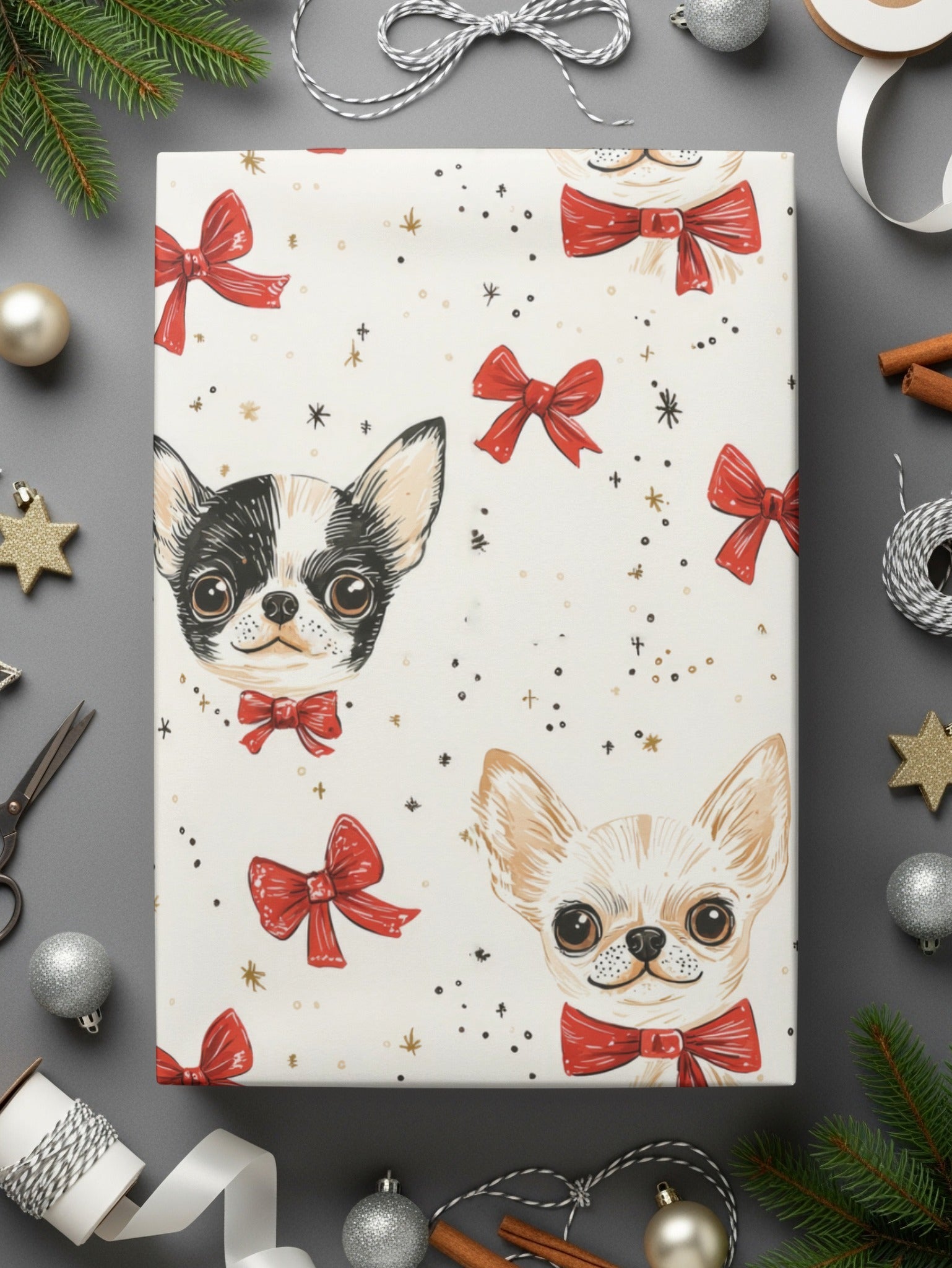 Chihuahua Digital Paper, Red Bow, Cute Puppy Pattern, Seamless Design, Dog Lover Print, Pet Portrait Scrapbook Paper, Beige Background