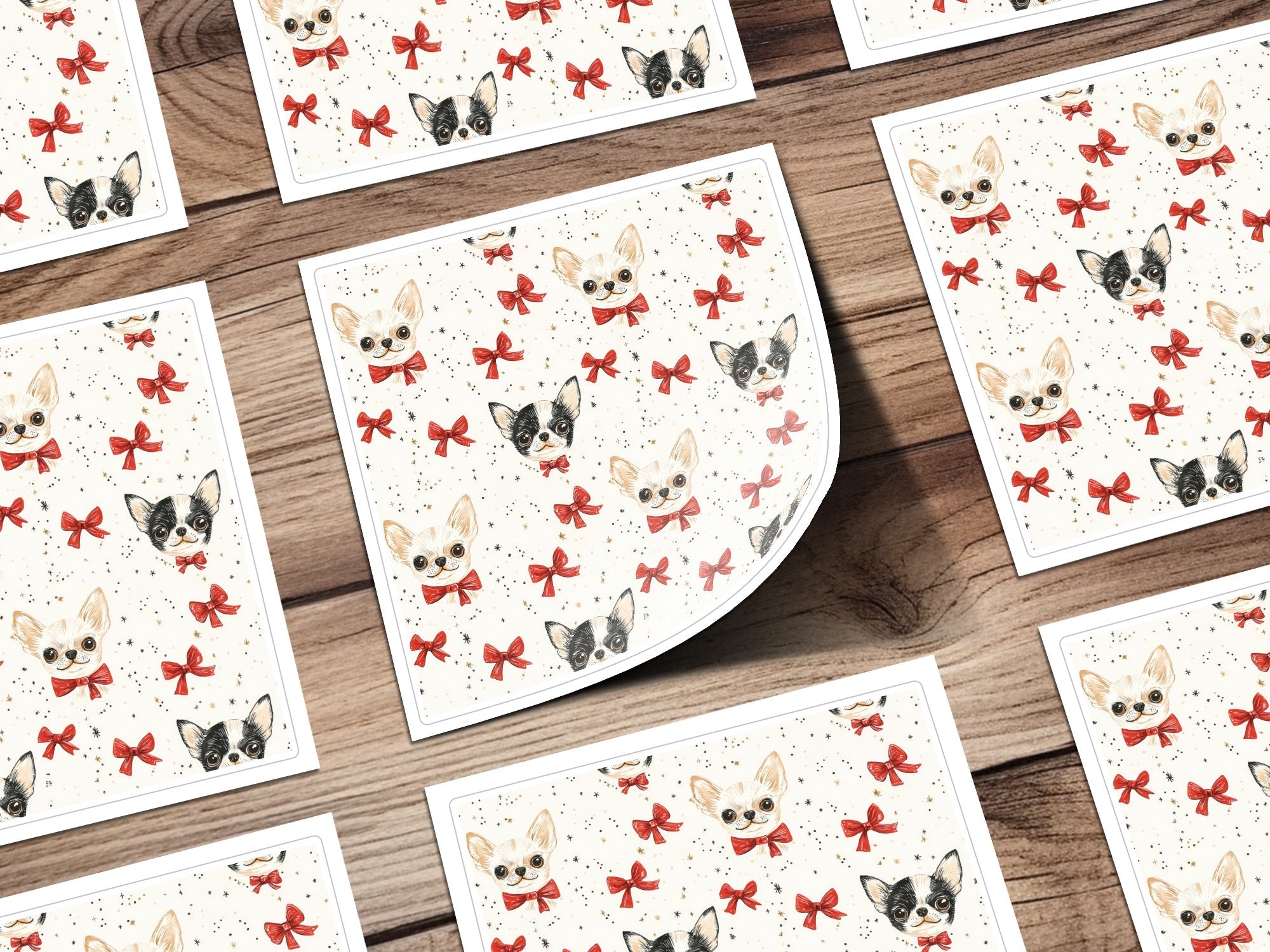 Chihuahua Digital Paper, Red Bow, Cute Puppy Pattern, Seamless Design, Dog Lover Print, Pet Portrait Scrapbook Paper, Beige Background