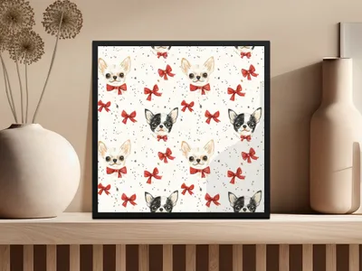 Chihuahua Digital Paper, Red Bow, Cute Puppy Pattern, Seamless Design, Dog Lover Print, Pet Portrait Scrapbook Paper, Beige Background