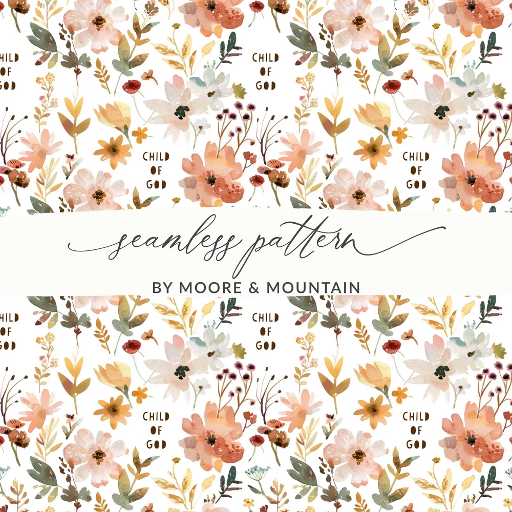 Child of God Watercolor Floral Seamless Pattern, Digital Paper, Christian Fabric Design, Faith Scripture Repeating File, Gentle Blush