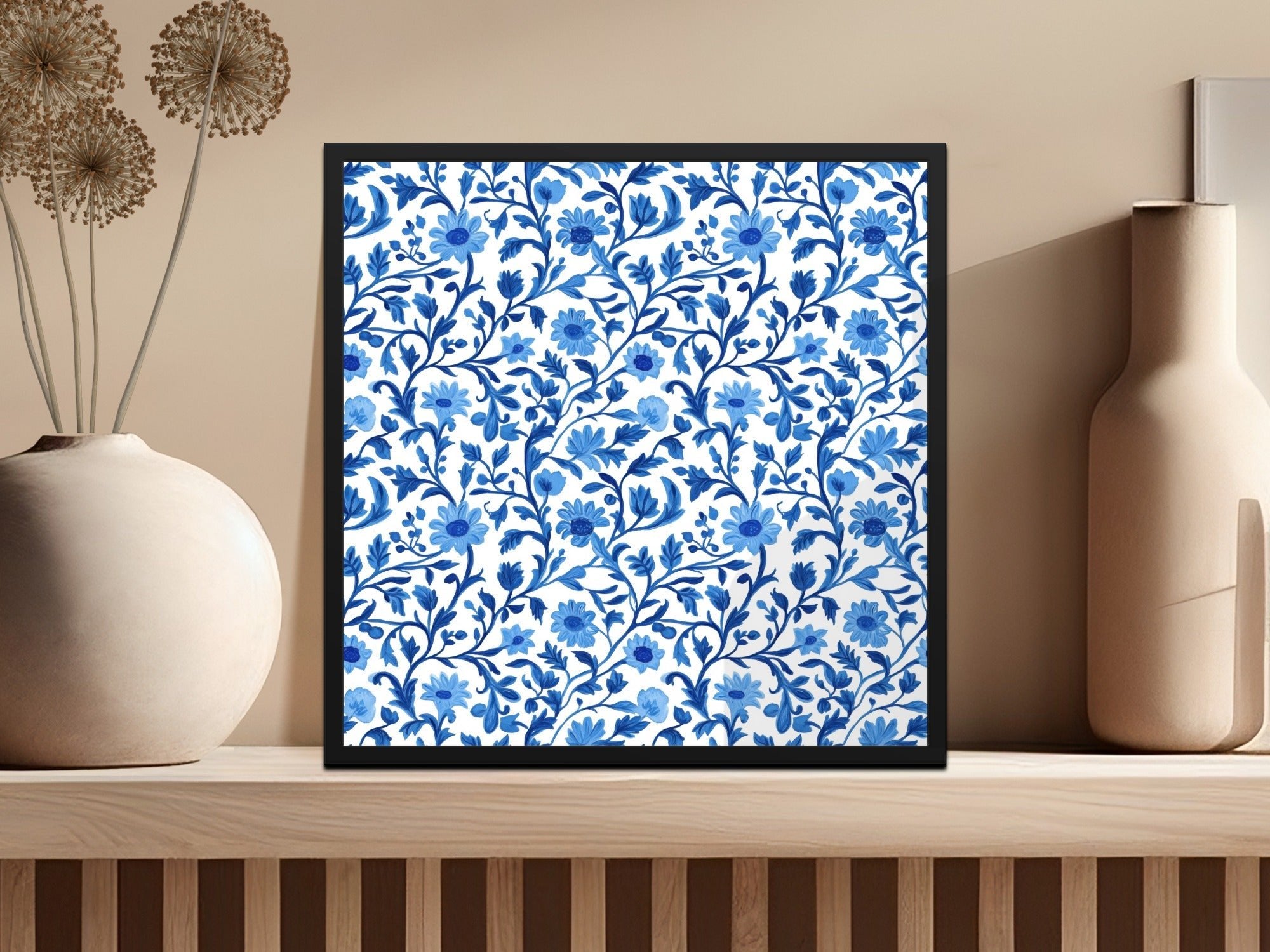 Chinoiserie Elegant Floral Pattern in Blue and White Delicate Style Digital