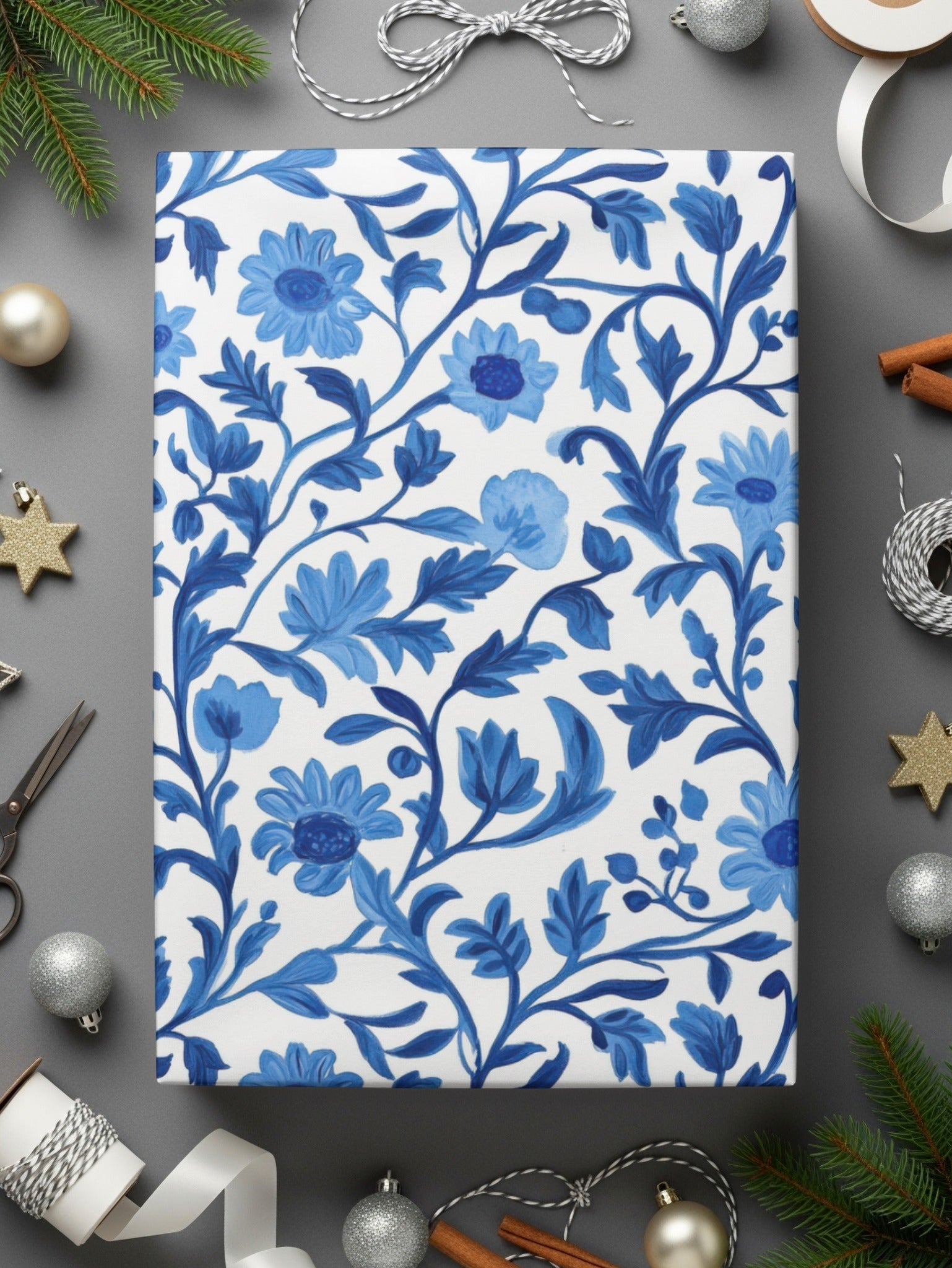 Chinoiserie Elegant Floral Pattern in Blue and White Delicate Style Digital