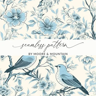 Chinoiserie Vines and Birds Seamless Pattern With Flowers Pattern Artwork Sky Blue Theme Digital