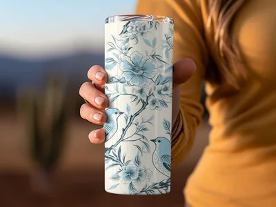 Chinoiserie Vines and Birds Seamless Pattern With Flowers Pattern Artwork Sky Blue Theme Digital