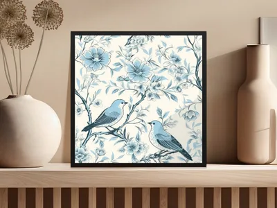 Chinoiserie Vines and Birds Seamless Pattern With Flowers Pattern Artwork Sky Blue Theme Digital