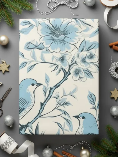 Chinoiserie Vines and Birds Seamless Pattern With Flowers Pattern Artwork Sky Blue Theme Digital