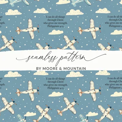 Christian Airplane Digital Paper, Philippians 4:13 Scripture Seamless Pattern, Boys Nursery Faith Print, Inspirational Kids Fabric Design