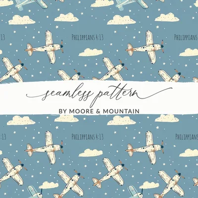 Christian Airplane Digital Paper, Philippians 4:13 Seamless Pattern, Nursery Boy Print, Bible Verse Aviation Sky, Digital Download File