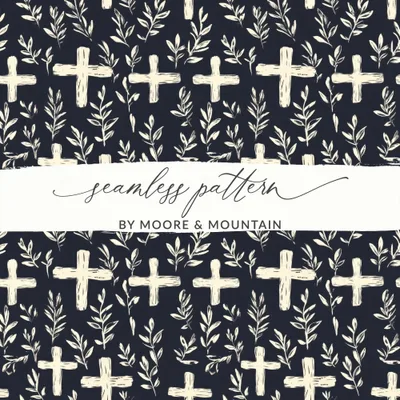 Christian Cross Seamless Pattern, Religious Leaves Digital Paper, JPEG File, Fabric Pattern, Floral Print, Digital Design, Download