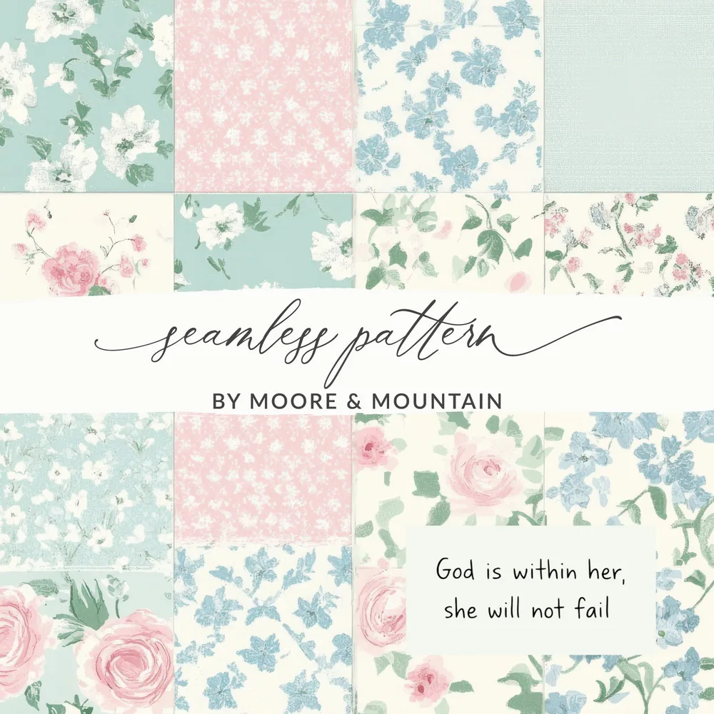 Christian Seamless, Bible Verse Seamless Digital Paper, Floral Patchwork Texture, God is within her PNG JPG, Scrapbook Paper Pack