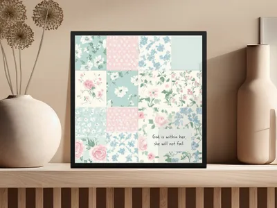 Christian Seamless, Bible Verse Seamless Digital Paper, Floral Patchwork Texture, God is within her PNG JPG, Scrapbook Paper Pack