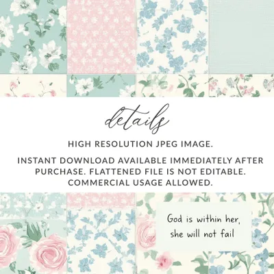 Christian Seamless, Bible Verse Seamless Digital Paper, Floral Patchwork Texture, God is within her PNG JPG, Scrapbook Paper Pack