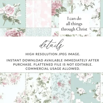 Christian Seamless, Bible Verse Seamless, Floral Digital Paper, Rose Patchwork Pattern, Scripture Printable, I Can Do All Things, Digital