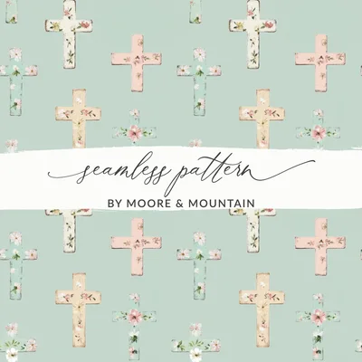 Christian Seamless, Crosses Digital Paper, Religious Pattern, Floral Cross Design, Pastel Colors, Easter Pattern, Scrapbooking, Fabric Print