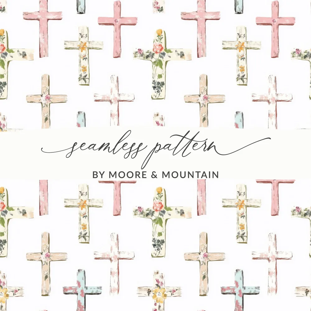 Christian Seamless, Floral Crosses Digital Paper, Easter Cross Pattern, Religious Fabric Design, Baptism Scrapbook, Church Invitation