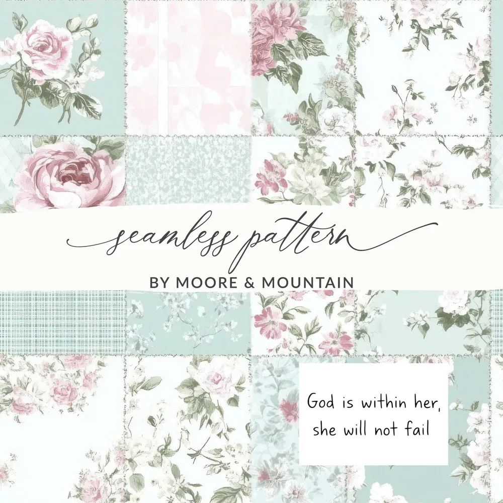 Christian Seamless Patchwork, Floral Digital Paper, God is Within Her, Roses Flowers Pattern, Fabric Design, Scrapbooking, Digital Download