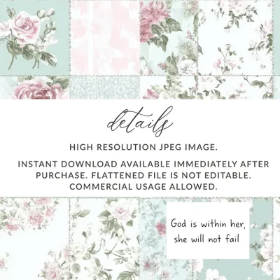 Christian Seamless Patchwork, Floral Digital Paper, God is Within Her, Roses Flowers Pattern, Fabric Design, Scrapbooking, Digital Download