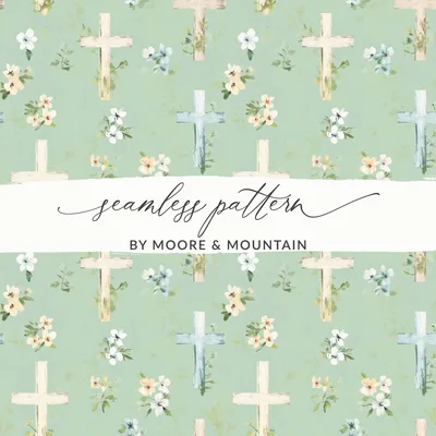 Christian Seamless, Religious Cross, Floral Digital Paper, Easter Scrapbook Paper, Watercolor Crosses Pattern, Pastel Green Fabric Design