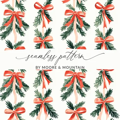 Christmas Bow Seamless Pattern Digital Paper, Holiday Scrapbook Paper, Festive Design, Watercolor Pine Branches, Gift Wrap DIY