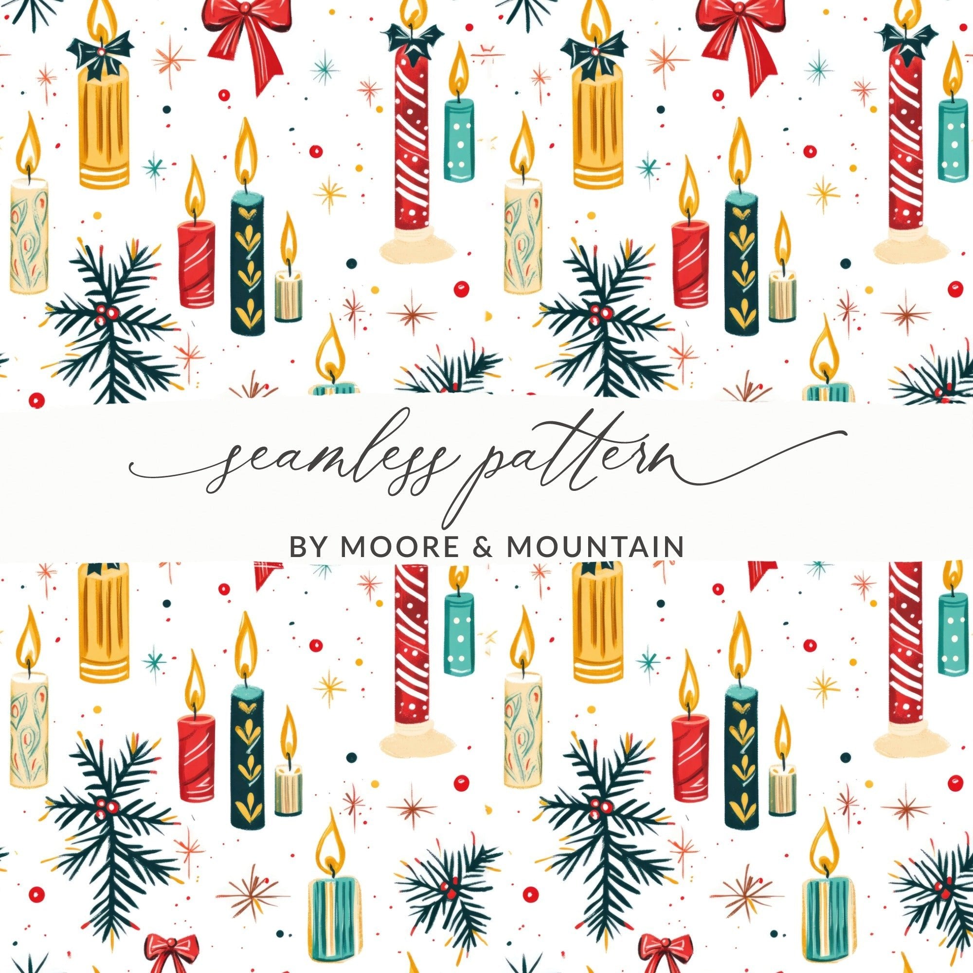 Christmas Candle Digital Paper, Holiday Pattern for Scrapbooking, Red Bow Seamless Pattern, Winter Clipart Background, Teal Gold Candles