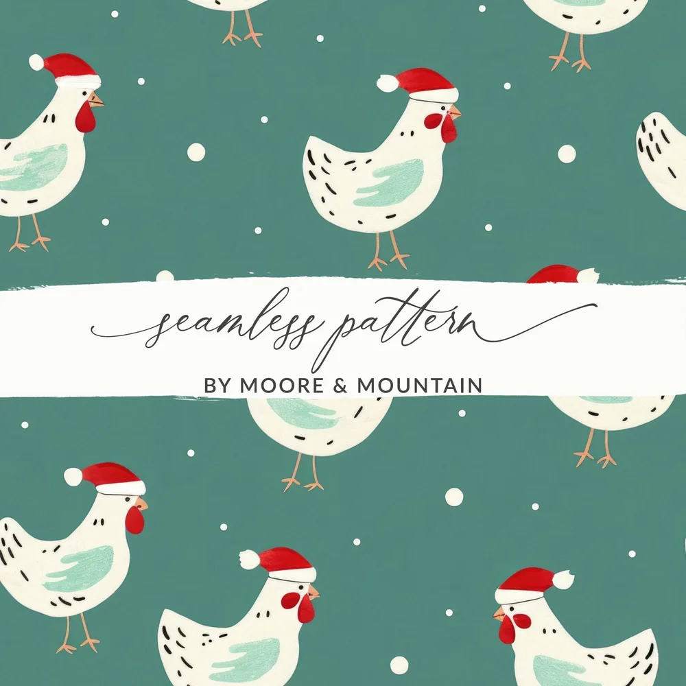 Christmas Chicken Digital Paper, Teal Holiday Pattern, Cute Rooster Print, Santa Hat Animal Illustration, Festive Wallpaper, Digital