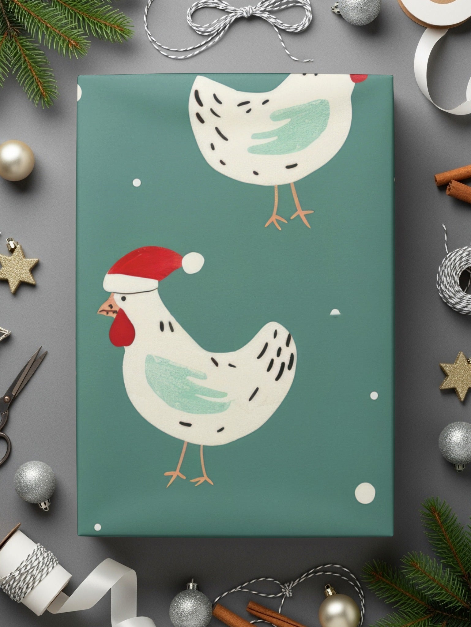 Christmas Chicken Digital Paper, Teal Holiday Pattern, Cute Rooster Print, Santa Hat Animal Illustration, Festive Wallpaper, Digital