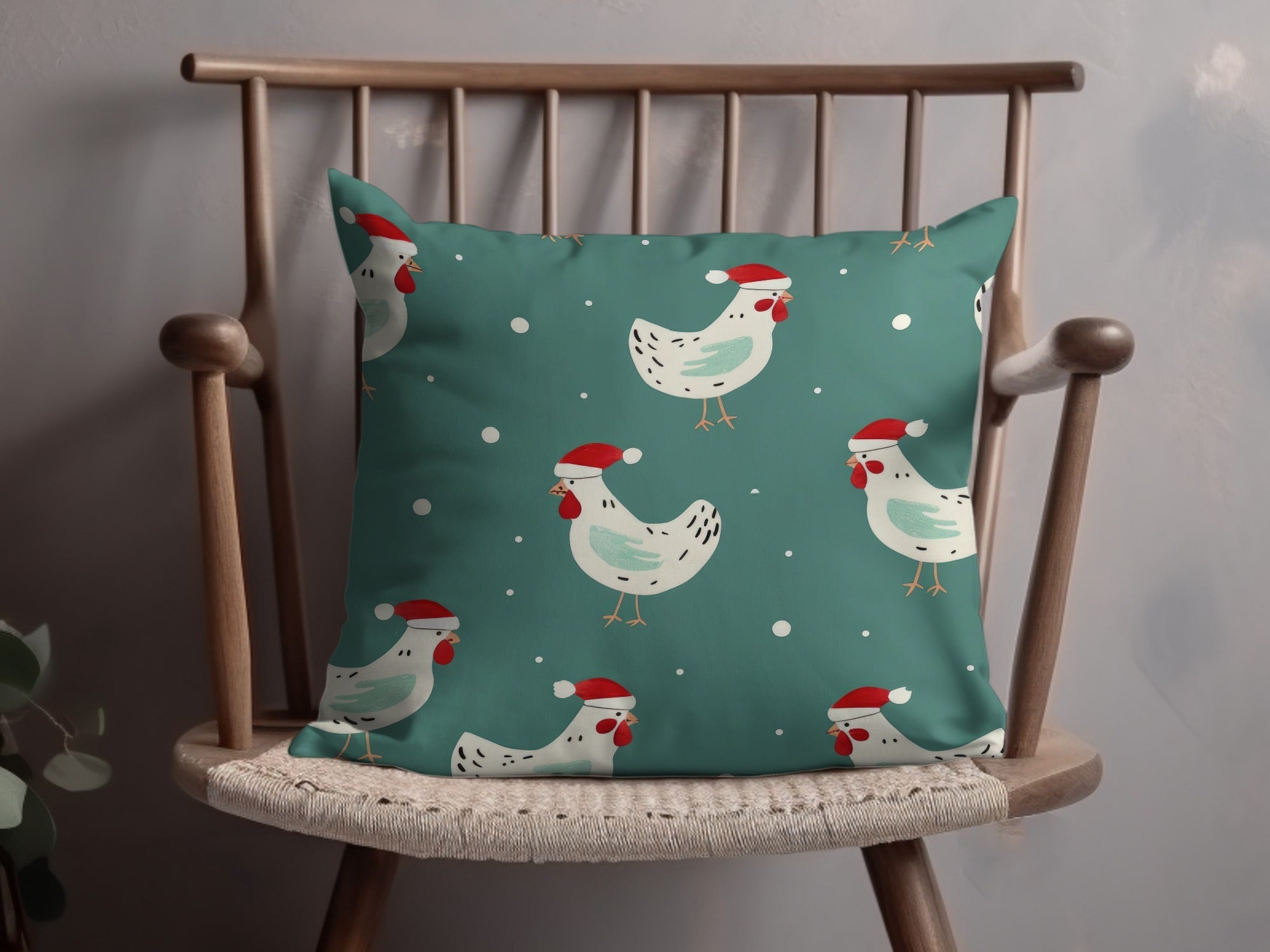 Christmas Chicken Digital Paper, Teal Holiday Pattern, Cute Rooster Print, Santa Hat Animal Illustration, Festive Wallpaper, Digital