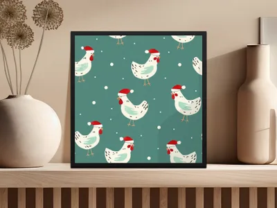 Christmas Chicken Digital Paper, Teal Holiday Pattern, Cute Rooster Print, Santa Hat Animal Illustration, Festive Wallpaper, Digital