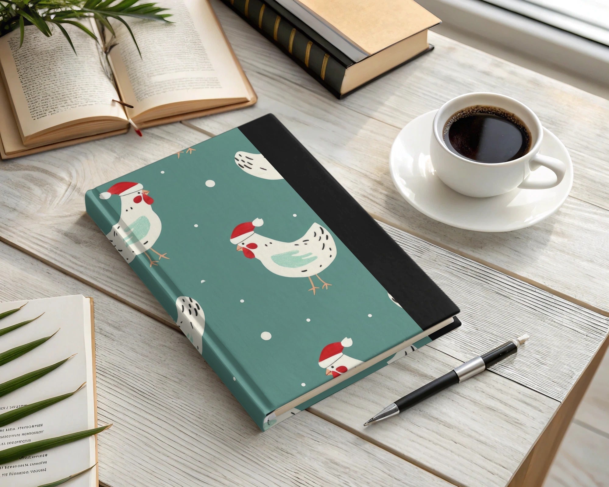 Christmas Chicken Digital Paper, Teal Holiday Pattern, Cute Rooster Print, Santa Hat Animal Illustration, Festive Wallpaper, Digital
